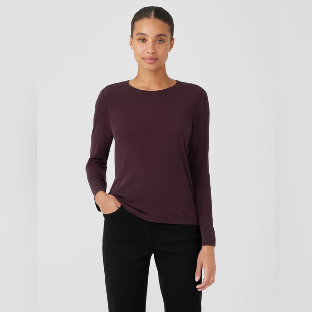 Eileen Fisher 100% Silk Long Sleeve Top Petite PP Chocolate Brown Minimalist